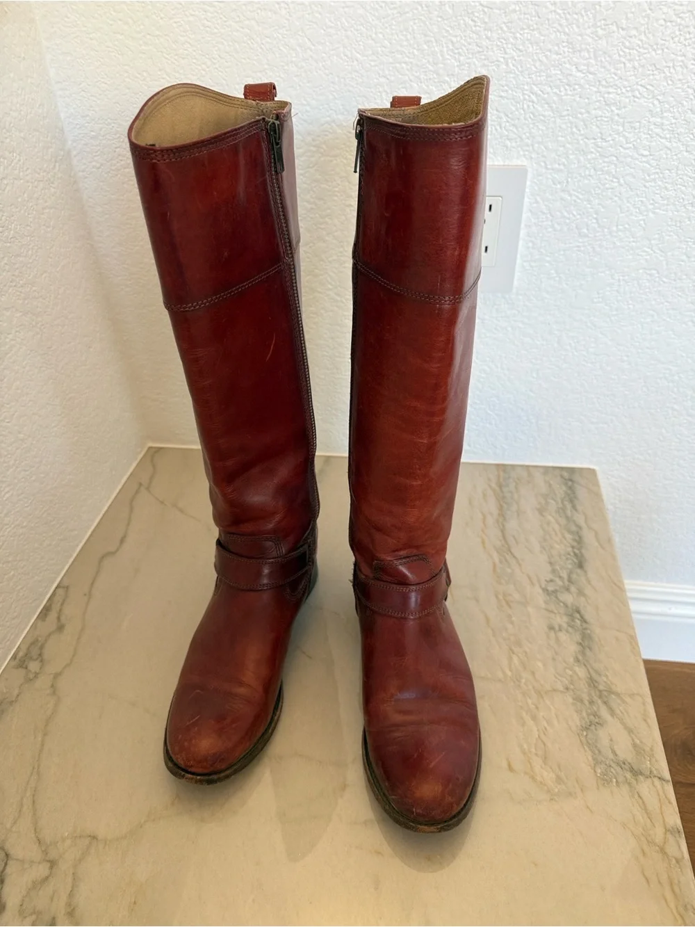 Frye Melissa Harness Leather Riding Boots in a reddish-brown color